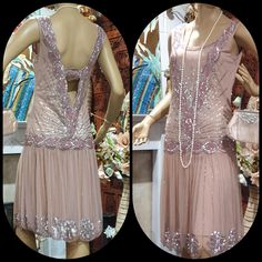 Gorgeous 1920's Great Gatsby style flapper dress, heavily embellished with glass beads and sequins on a blush color mesh, exquisite in smallest detail with gorgeous art deco pattern. This beautiful flapper dress has  dropped waist with scalloped trim, deep back V, round at the front side concealed zip and is fully lined. In excellent condition. Please check the measurements below: Length:40"/102 cm Bust:34"/87 cm Waist:32"/82 cm   Hips:42"/107 cm Note: Any display/ accessory items are not includ Flapper Dress 1920s, Fitted Art Deco Flapper Dress Embellished, Fitted Flapper Dress With Sequins And V-neck, Evening V-neck Flapper Dress, Embellished V-neck Fitted Flapper Dress, Vintage V-neck Flapper Dress For Evening, Great Gatsby Fashion, Gatsby Style, Art Deco Pattern