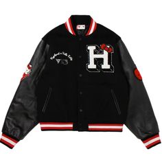 Hypland X Hello Kitty Varsity Jacket 100% Wool Fabric Body 100% Leather Sleeve And Body Construction Full Chenille Embroidered Sleeve, Back, & Chest Artwork Multi Color Knit Rubbing On Neck, Sleeves, And Waistband Custom Branded Metal Flat Snap Buttons Quilted Inside Lining With Pocket Detail Brand New Varsity Jacket Black, Yeosu, Biker Jacket Men, Womens Biker Jacket, Cropped Leather Jacket, Aviator Jackets