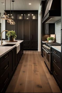 a kitchen filled with lots of dark colored cabinets and counter top space next to an oven