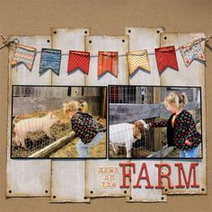 two pictures of children petting pigs in a fenced area with bunting flags