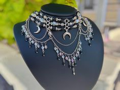 Triple Moon Goddess Coquette Choker Hecate, Hekate inspired layered bead and chain princess choker. Layered chandelier necklace. Witch Necklaces, Fantasy Choker, Layered Chandelier, Princess Choker, Chandelier Necklace, Goth Outfit Ideas, Necklace Inspiration, Witch Necklace, Triple Moon Goddess