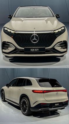 the front and back view of a mercedes eqs suv on display at an auto show