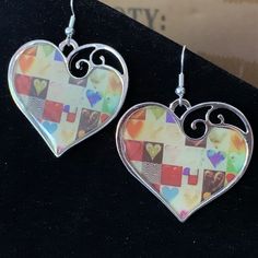 Pretty Silver Hearts Inlaid With Patchwork Hearts Design On 925 Sterling Silver Wires Multicolor Heart Charm Earrings For Valentine's Day, Multicolor Heart Earrings With Charm For Valentine's Day, Multicolor Nickel-free Heart Earrings, Nickel-free Multicolor Heart Earrings, Multicolor Heart-shaped Pierced Jewelry, Multicolor Double Heart Jewelry For Valentine's Day, Heart Shaped Earrings With Heart Beads For Mother's Day, Elegant Multicolor Heart Earrings For Gift, Elegant Multicolor Heart Earrings Gift