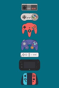 four video game controllers stacked on top of each other with the same color and pattern