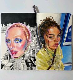 two notebooks with drawings of people on them, one has headphones and the other has blue eyes