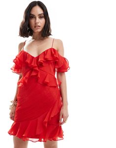 Dresses by ASOS DESIGN Mini dress, major impact Cold-shoulder design Fixed straps Ruffle trim Back zip closure Regular fit Winter Party Dress, Spring Floral Dress, Ruffle Mini Dress, Long Black Dress, Satin Slip Dress, Maxi Dress Trend, Shoulder Design, Orange Dress, Petite Maternity