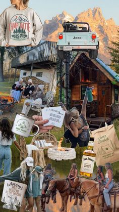 the collage shows people and animals in front of a house with mountains behind them