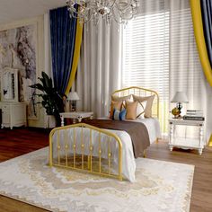 a bedroom with a bed, chandelier and curtains