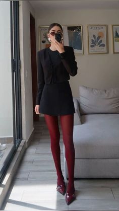 Red tights are sooo good Flower Stockings Outfit, Blonde Secretary Outfit, Christmas Outfit With Tights, Evening Formal Outfit, Red Velvet Pants Outfit Holiday Parties, Red And White Party Outfit, Red Heels Christmas Outfit, Black Skirt Outfit With Tights, Plaza Hotel Tea Outfit