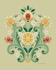 an ornate design with flowers and leaves on a light green background, in the style of art nouveauism