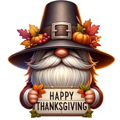 a cartoon thanksgiving gnome holding a happy thanksgiving sign