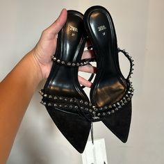 Brand New With Tags. Beautiful Zara Heels. Retails For $119. Could Fit A Womens 6.5/7 Black Studded Heels, Mary Jane High Heels, Rhinestone High Heels, Zara Heels, Black Strappy Heels, Pumps Heels Stilettos, Studded Heels, Black Leather Shoes, Pointed Toe Heels