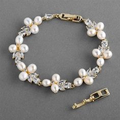 Petite Length Freshwater Pearl and CZ Gold Plated Bridal Bracelet Winter Wedding Accessories, Gold Bracelet Wedding, Pearl Bracelet Wedding, Formal Earrings, Pearls Bracelet, Bridesmaid Pearls, Gold Headband, Prom Jewelry, Bridesmaid Jewelry Sets