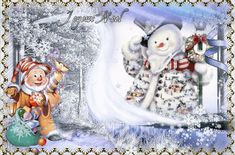 two snowmen are standing next to each other in front of a christmas card with the words happy new year written on it