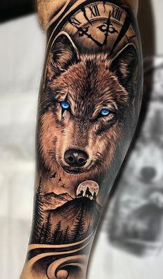 a man's arm with a wolf and clock tattoo on it