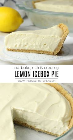 a lemon icebox pie on a plate with a slice cut out and ready to be eaten