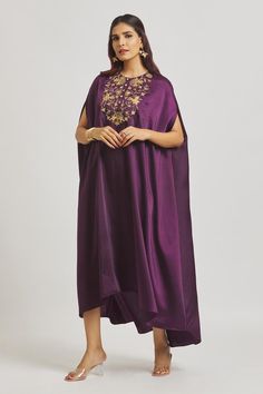 Purple heavy satin dress with contrast cut work floral zardozi embroidered yoke.
Components: 1
Pattern: Embroidered
Type Of Work: Zardozi Floral Patterns
Neckline: Round
Sleeve Type: Batwing
Fabric: Satin
Color: Purple
Other Details: 
Asymmetric hem
Attached lining
Product weight: 1 kg
Occasion: Mehendi and Haldi - Aza Fashions Yoke Dress, Purple Satin, Satin Color, Cut Work, Satin Dress, Floral Patterns, Dress For Women, Asymmetric Hem, Aza Fashion