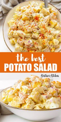 the best potato salad recipe is made with potatoes, cheese and seasoning on top