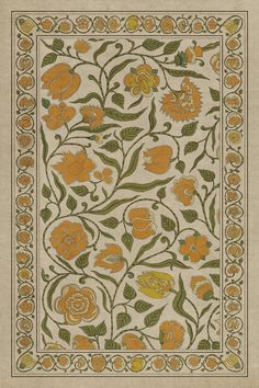 an orange and green floral design on white paper with gold trimmings, surrounded by leaves and flowers