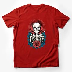 Gothic Skull and Roses T-Shirt, Unisex Graphic Tee with Skeleton and Floral Design, Street Style Fashion Male T-Shirt Custom graphic T-Shirt.Customize your color Red T-shirt With Skull Print For Halloween, Halloween Red T-shirt With Skull Print, Red Skull Print Top For Halloween, Red Skull Print Short Sleeve T-shirt, Red Skull Print Graphic Tee, Red Skull Print Short Sleeve Top, Red Short Sleeve Top With Skull Print, Skull And Roses, Gothic Skull