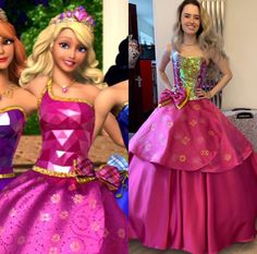 two barbie dolls are dressed up in princess dresses, one is pink and the other is purple