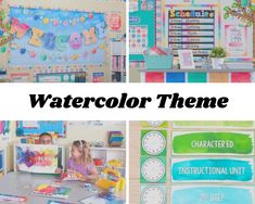 the watercolor theme in this classroom is great for kids to learn and play with