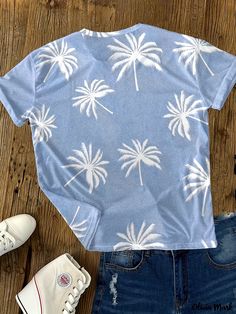 Olivia Mark - Womens Plus Size Vacation Tee with Ombre & Coconut Tree Print, featuring Short Sleeves and a Round Neckline for a Comfortable and Stylish Look Cotton Crew Neck Top With Palm Tree Print, Blue Cotton Top With Palm Tree Print, Casual Crew Neck Top With Palm Tree Print, Beach Cotton Tops With All Over Print, All Over Print Cotton Tops For Beach, Cotton Beach Tops With All Over Print, White Crew Neck Top With Palm Tree Print, Blue Palm Tree Print Tops For Summer, Cotton Tops With All Over Print For Beach