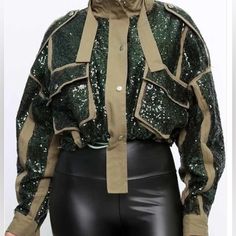 Long Sleeve Sequins Crop Jacket Brown Party Outerwear For Spring, Casual Cropped Jacket For Spring Party, Casual Spring Cropped Jacket For Party, Feminine And Masculine, Military Inspired Jacket, Shiny Jacket, Masculine Style, Lululemon Jacket, Long Sleeve Sequin