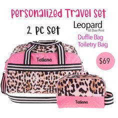 "Girls Leopard Duffle Bag and Toiletry Bag Set - Kids Luggage - Personalized Girls Bag Girls Overnight bag, Leopard luggage Leopard travel bag Duffel bag for kids Carry on for kids Includes Duffel bag and toiletry bag Leave name or initials in personalization box. Initials will be done in order written. Name is done in commercial grade heat transfer vinyl, heat press applied for long lasting and sanitary use. No threads to get yucky, does not pierce the insulated fabric for bacteria growth. Duff Kids Travel Bags, Quilted Backpack, Personalized Luggage, Kids Travel, Pink Backpack, Kids Luggage, Accessories Bags Purses, Cool Backpacks, Overnight Bag