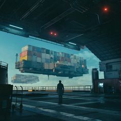 a man standing in front of a large cargo container on top of a ship at night