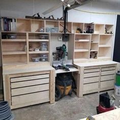 the workbench is made out of plywood and has lots of storage space