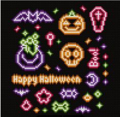 a cross stitch pattern with the words happy halloween written in different colors and shapes on it