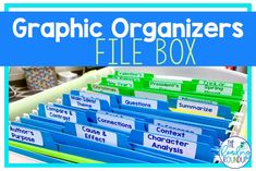 an organized file box filled with files and folders for graphic organizer, including labels