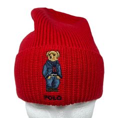 Polo Ralph Lauren Casual Polo Bear Knit Beanie Hat Size: One Size Color: Red New With Tags An Embroidered Casual Polo Bear Adds A Playful Touch To This Cozy Knit Hat. * Seamed Crown * 3" Fold-Over Cuff * Length When Folded: 9". Width At Crown: 8" * Materials: 50% Acrylic, 30% Nylon, 20% Wool Red Knit Casual Beanie, Fitted Red Casual Hat, Classic Red Beanie Hat, Red Knit Winter Hat, Casual Red Winter Beanie, Red Knitted Hat For Cold Weather, Casual Warm Red Beanie, Red Knitted Beanie For Winter, Red Knitted Winter Beanie