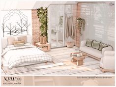 an image of a bedroom setting with white furniture and plants on the windowsills