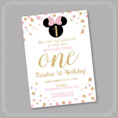 a pink and gold minnie mouse birthday party card with the number one on it's front