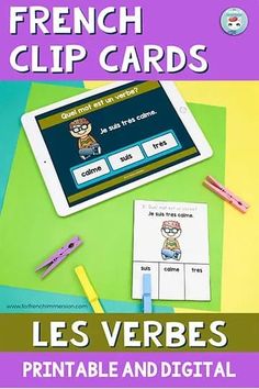 french clip cards with the words les verbbes, printable and digital on them