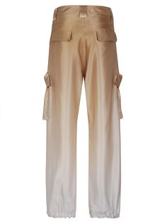 Silk cargo trousers Elastic and buttons on the bottom Belt loops Mid-leg patch pockets Gradient coloring Colour: beige Composition: 100% silk Beige Silk Wide Leg Bottoms, Silk Pants With Pockets, Silk Pants With Pockets In Straight Cut, Silk Straight Pants With Pockets, Silk Trousers With Pockets, Chic Beige Cargo Pants With Side Pockets, Beige Trousers With Flap Pockets, Cream Wide Leg Cargo Pants, Cream Utility Cargo Pants With Pockets