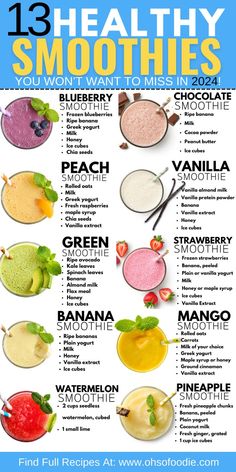 Text reads, 13 Healthy Smoothies You Won't Want to Miss in 2024! Makanan Rendah Kalori, Watermelon Smoothie, Vanilla Smoothie, Kiwi Smoothie, Easy Healthy Smoothies, Blueberry Smoothie