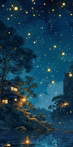 the night sky is full of stars and lights as if they were floating in the water