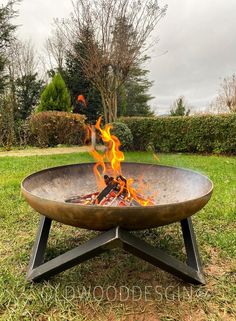 a fire pit sitting on top of a lush green field