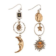 PRICES MAY VARY. [Sun Moon Earrings] -These moon star earrings feature a vintage design for a unique and artistic look. The left and right earrings are different and the asymmetrical design adds personality and fun, allowing you to exude unique charm in different occasions. [Perfect Gift] - It is a good gift for female friends, so that they can get more natural energy empowered, can let them get more confidence and energy, suitable for all occasions. [Earrings Size] - The dimensions of these dan Unique Dangle Earrings With Sun And Moon Design, Unique Sun And Moon Dangle Earrings, Unique Sun And Moon Design Dangle Earrings, Vintage Moon-shaped Metal Earrings, Vintage Moon Earrings For Gift, Vintage Moon-shaped Earrings For Gift, Vintage Moon Shaped Earrings For Gift, Unique Sun And Moon Design Drop Earrings, Vintage Moon Shaped Earrings