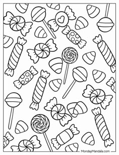 the candy land coloring page is filled with candies and lollipops