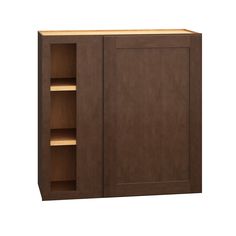 a brown cabinet with open shelves on the side