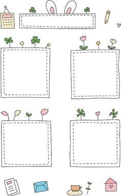 four different frames with flowers, hearts and other things in them on a white background