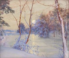 a painting of snow covered trees and water with the moon in the distance behind them