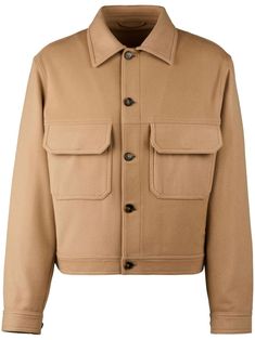 sand beige wool blend felted finish front button fastening classic collar long sleeves buttoned cuffs two front flap pockets unlined straight hem When buying this unisex item, keep in mind that it is graded in standard men's sizing. Wool Clothing, Wool Shirt, Pocket Jacket, Balenciaga Triple S, Accessories Collection, Sand Beige, Mens Outerwear, Green Jacket, Wool Jacket