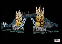 the london skyline in different languages on a black background with white and yellow lettering that spell out