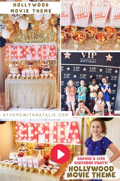 the hollywood movie themed birthday party with popcorn, cake and cupcakes on display