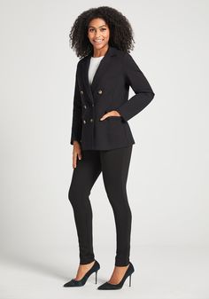 Destined to be your new favorite outer layer, meet the Double Breasted Blazer. In this boxy fit, 4-way stretch wonder, you can look polished at the office and bust a move on a night out. Pair with skinny denim or DPYP and a sleek boot. With a jacket this classic, the possibilities are endless. Relaxed, boxy fit through chest, waist and hips. Featuring two functional welt pockets, 6-button placket detail, and a vent at the back hem. 28 inches from top of shoulder to hem, 24-inch sleeves (size sma Professional Double-breasted Workwear Outerwear, Versatile Button Closure Outerwear For Work, Versatile Blazer For Workwear In Fall, Versatile Blazer For Workwear And Fall, Tailored Outerwear For Office Workwear, Tailored Versatile Blazer For Work, Fitted Outerwear For Office, Tailored Versatile Workwear Blazer, Double-breasted Office Lady Outerwear